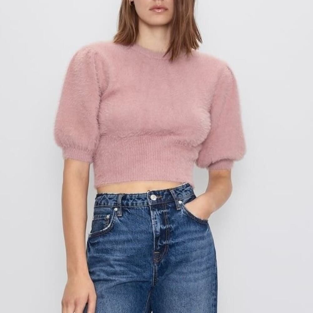 Zara Fuzzy Rose Faux Fur Knit Sweater Puff Sleeve Cropped Pullover Jumper Top
